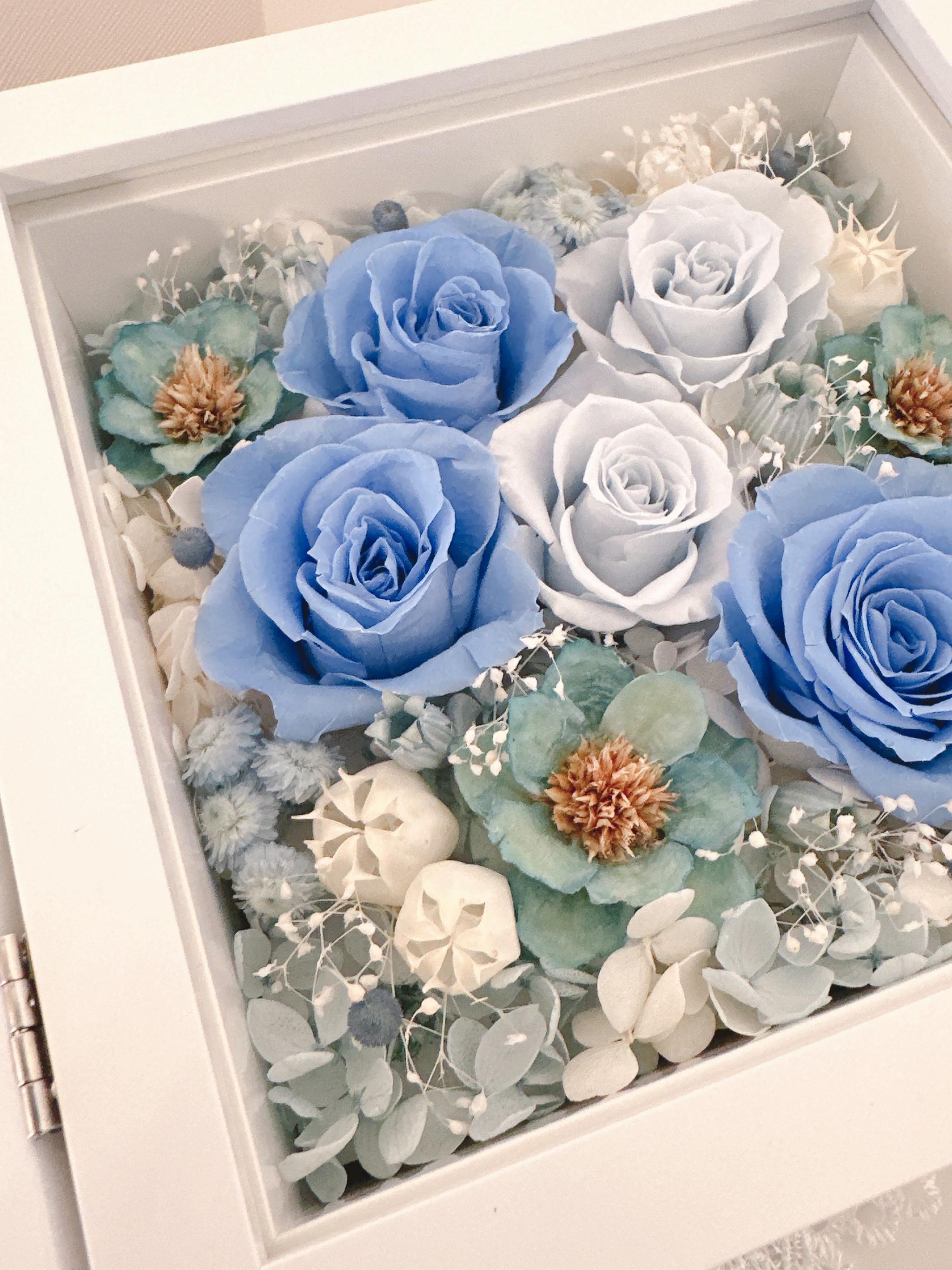 【出産祝い・男の子】フォトフレーム BOXアレンジ 写真立て バラ ブルー 青 結婚祝 誕生祝 記念日 ベビーギフト | 13枚目